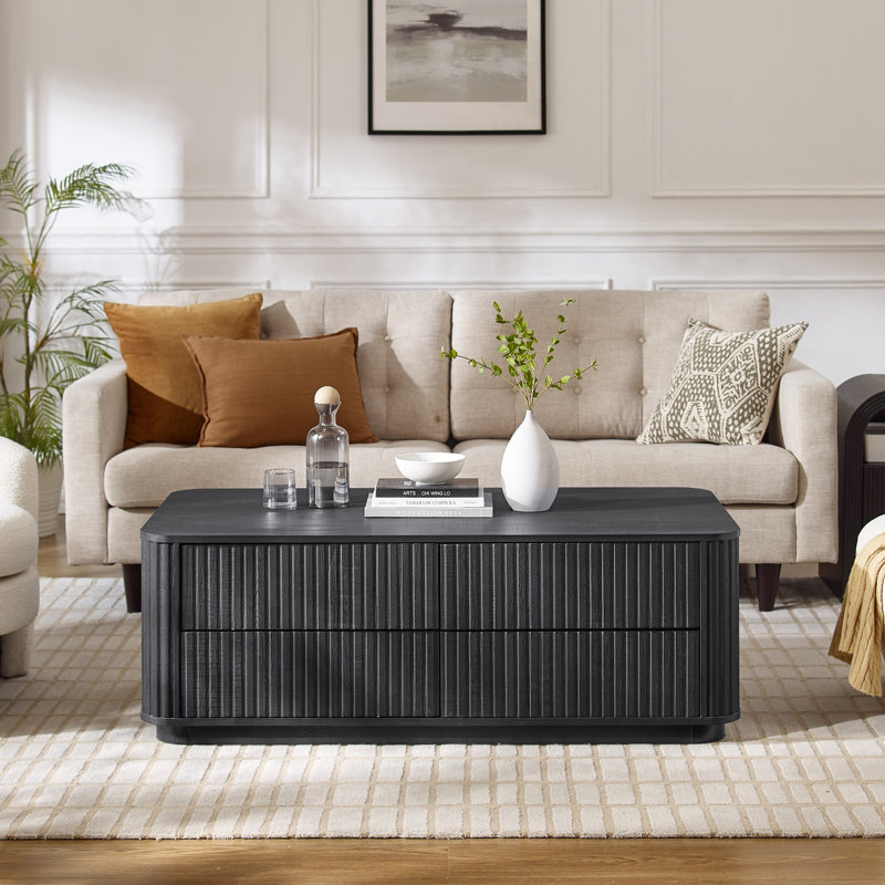 52"W Fluted Coffee Table with 4 Drawers, Black