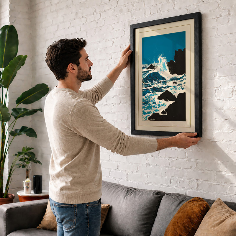 Wave Against Stone Coastal - Print, A2 - 59.4 x 42.0 cm, Black