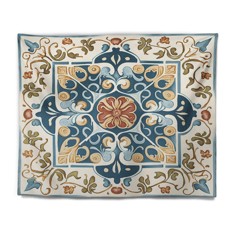 Carreaux de polyester méditerranéen en tapisserie bleue rétro, H 32 po x l 39 po