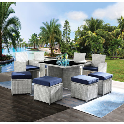 Blue Fabric 9Pc Bistro : 4 Chairs, Ottomans, Dining 9Pcs In And With Ottomans & Ta