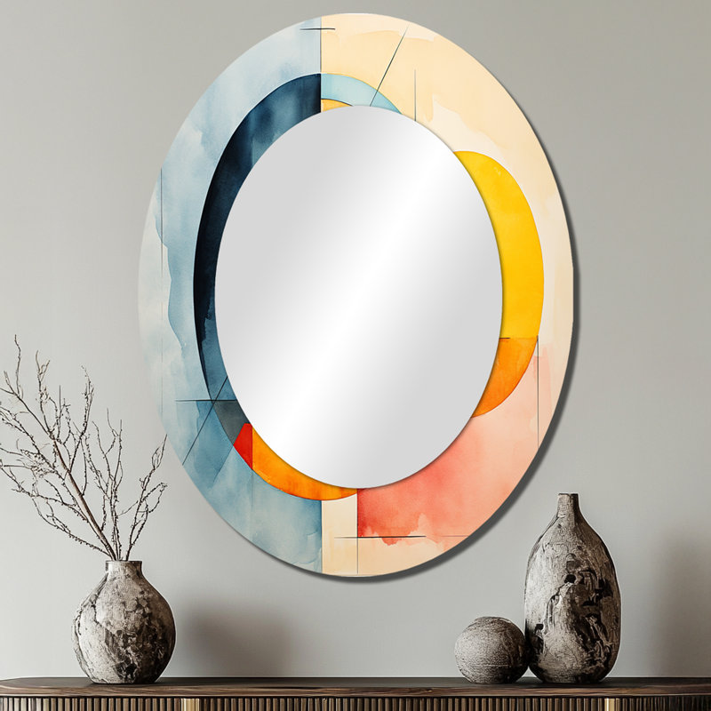 Carrelage cubique à couleurs douces V - Miroir décoratif abstrait ovale sur métal, 40 po x 30 po