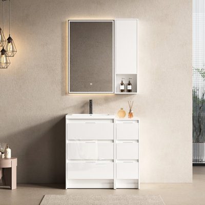 36" Freestanding Vanity For Bathroom With Resin Sink, One Storage Cabinet And Wall Cabinet, Soft Closing Drawers, Glossy White Finish, Plywood Charm In Small Features, Upgrades