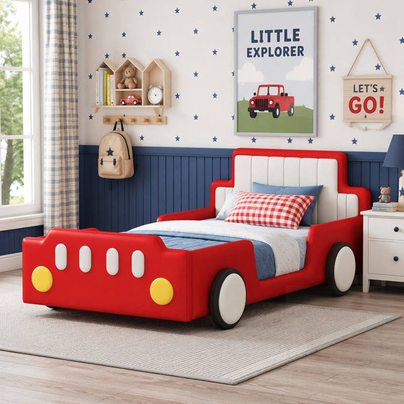 Lit plateforme en forme de voiture de course avec roues, durable et élégant pour les chambres d'enfants