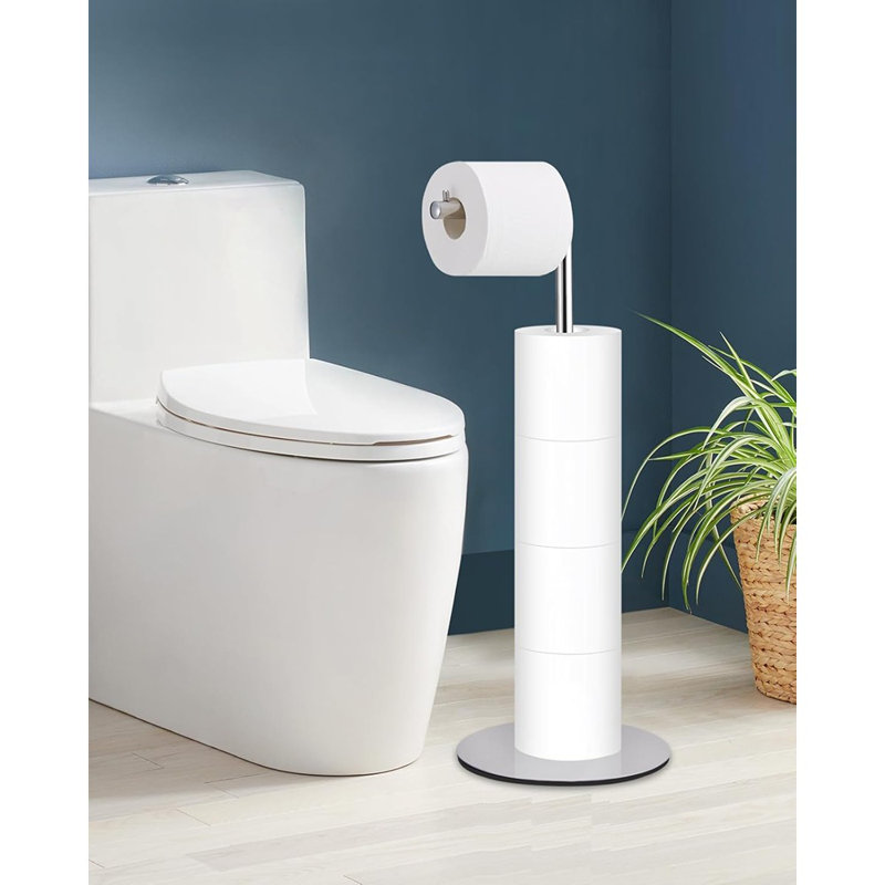Porte-papier hygiénique sur pied - Organisateur de salle de bain moderne chromé avec rangement de réserve pour 4 rouleaux