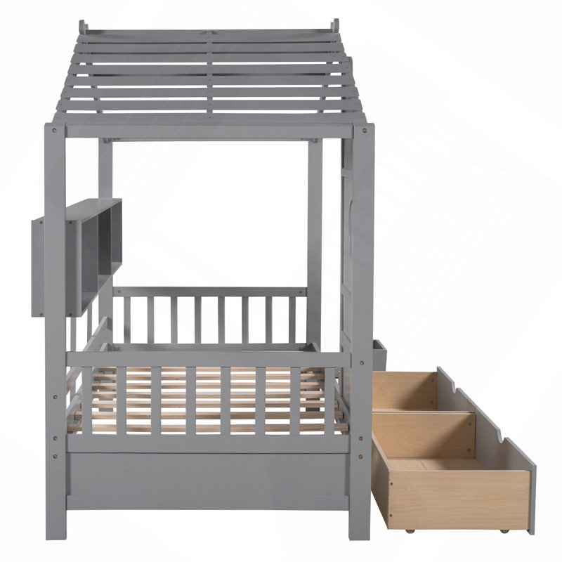 Lit en bois avec 2 tiroirs, lit avec tablette de rangement, Gris, Lit simple