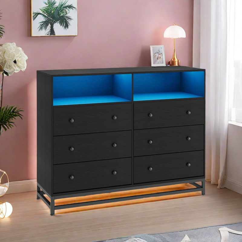 Commode double 6 tiroirs avec prise de courant et lumière DEL, commode en bois, l 47,2 po x P 15,8 po x 31,5 po