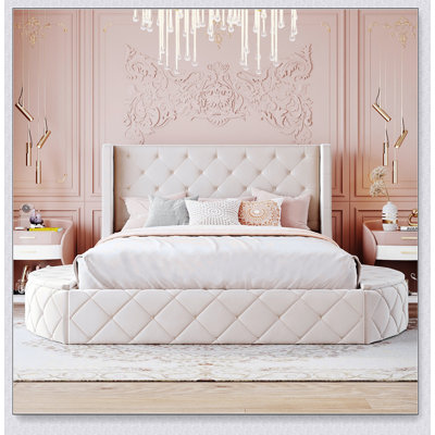 Lit plateforme tapissier avec tête de lit à oreilles en velours, grand tiroir et tabourets de rangement latéraux pour les chambres à coucher modernes