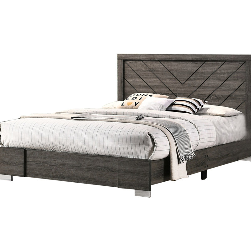 Grand lit moderne gris, tête de lit contemporaine au design épuré, mobilier de chambre à coucher, sommier non requis, lignes classiques uniques incluses