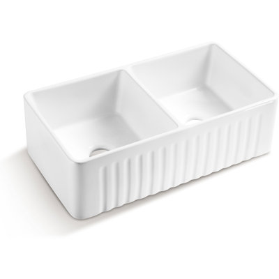 Ceramic White Kitchen Double Basin Sink 33*18*10" - Heat , Stain Scratch Rustproof, Spacious Basin, & , Rust Prominent Design