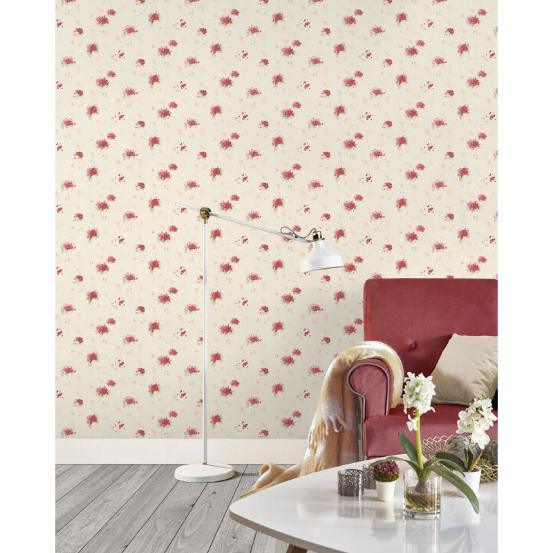 Pretty Prints Hortensia Floral Trail Wallpaper Roll, Red/Beige