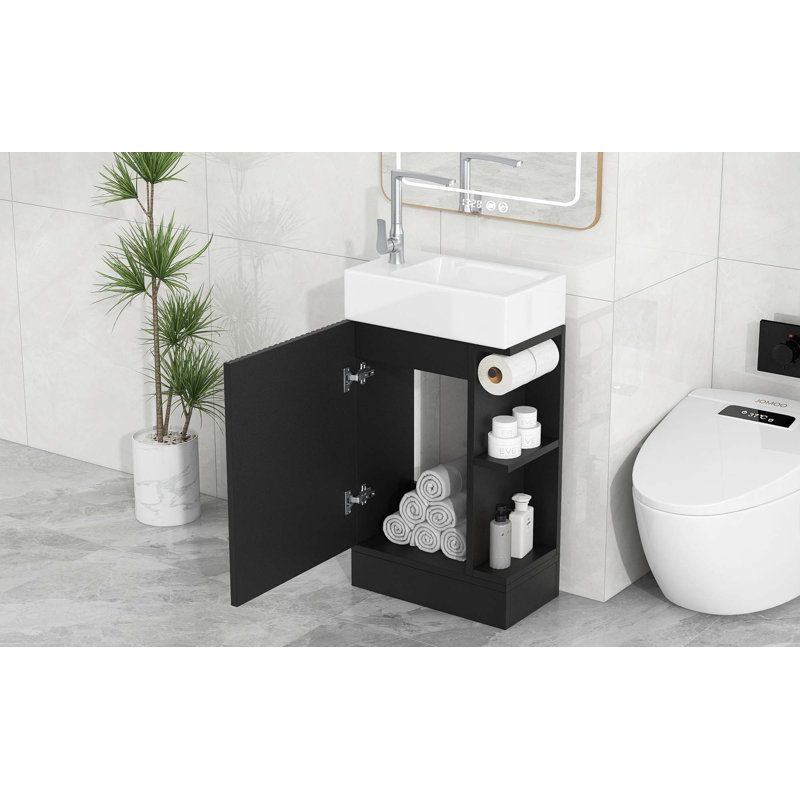 Meuble-lavabo 18,6 po avec lavabo, armoire avec tablette à deux niveaux, orienté vers la gauche ou vers la droite, Noir