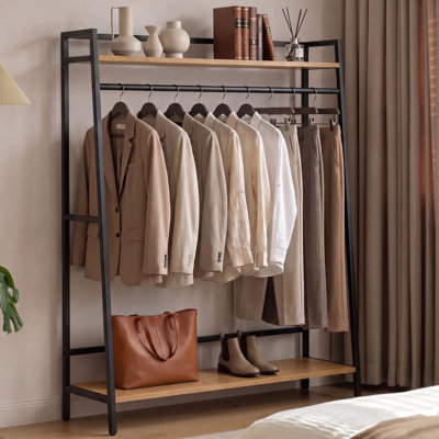 Solid Wood and Metal Freestanding Clothes Rack with Hanging Rod