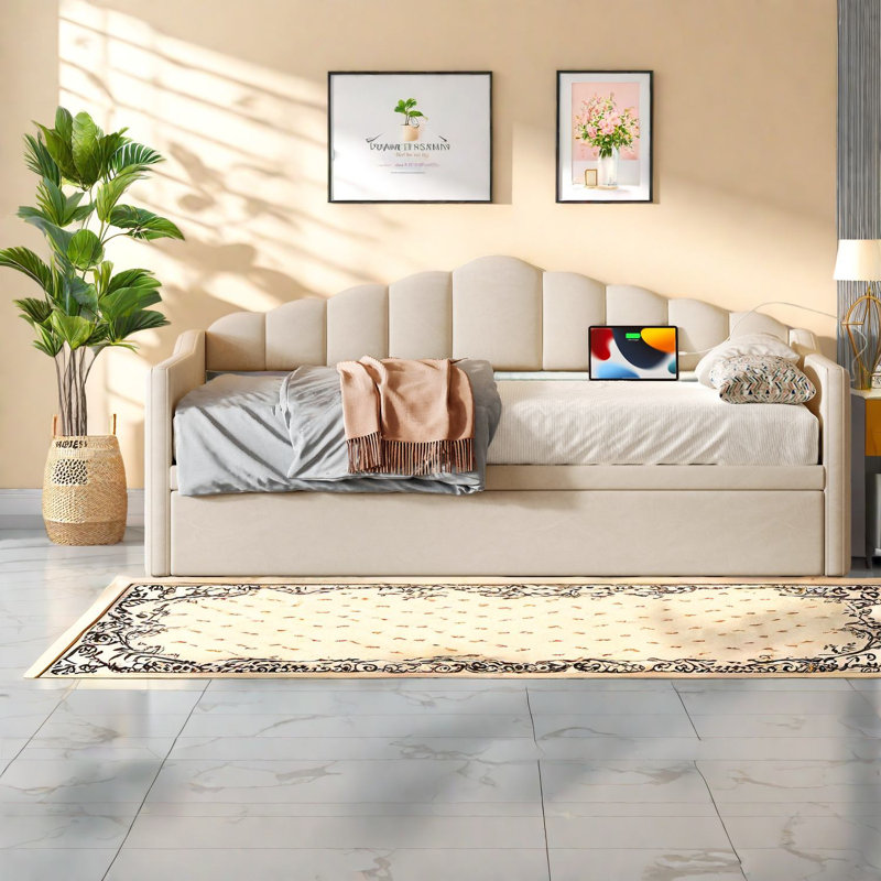 Lits simples modernes avec couchette en velours réglable et charge USB