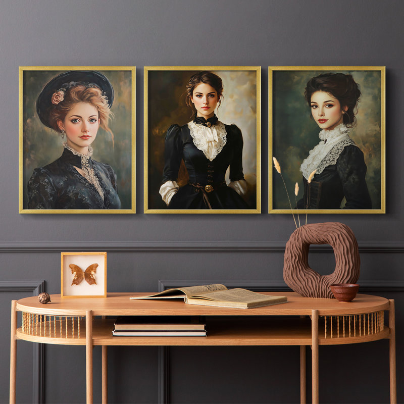 Série féminine LIX - ensemble de 3 estampes numériques encadrées - prêt à être accroché, Or, H 10 po x l 8 po