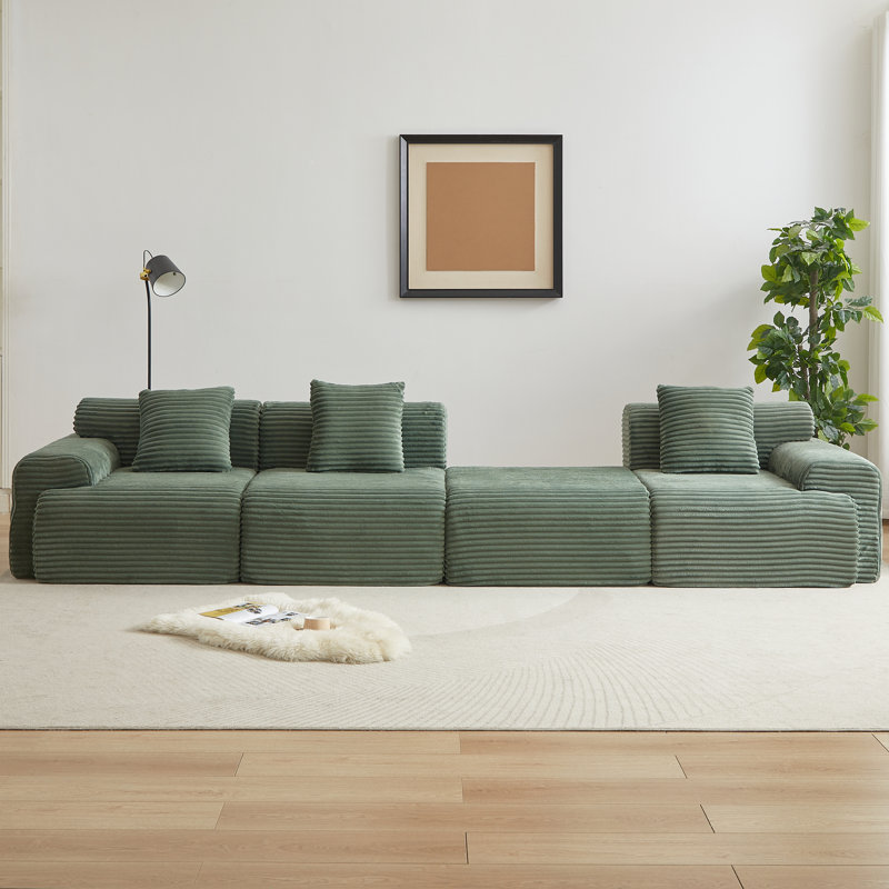 Canapé modulaire rembourré de 114 po avec coussins décoratifs Corduroy, Velours côtelé vert