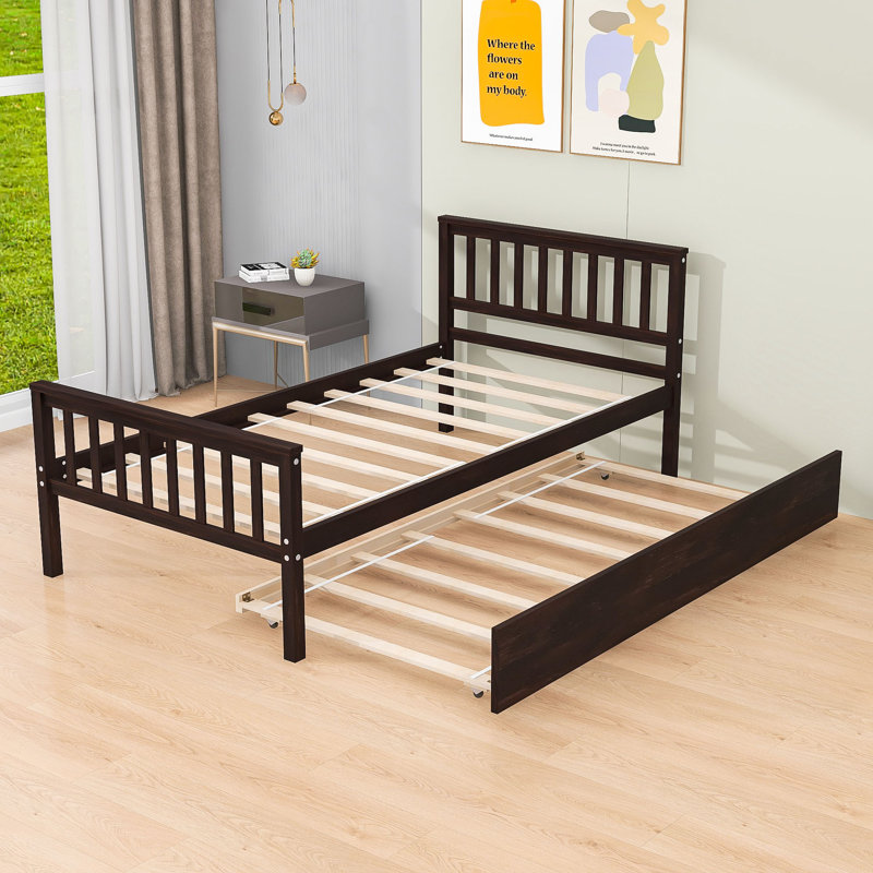 Lit plateforme simple en bois avec lit gigogne simple, Espresso