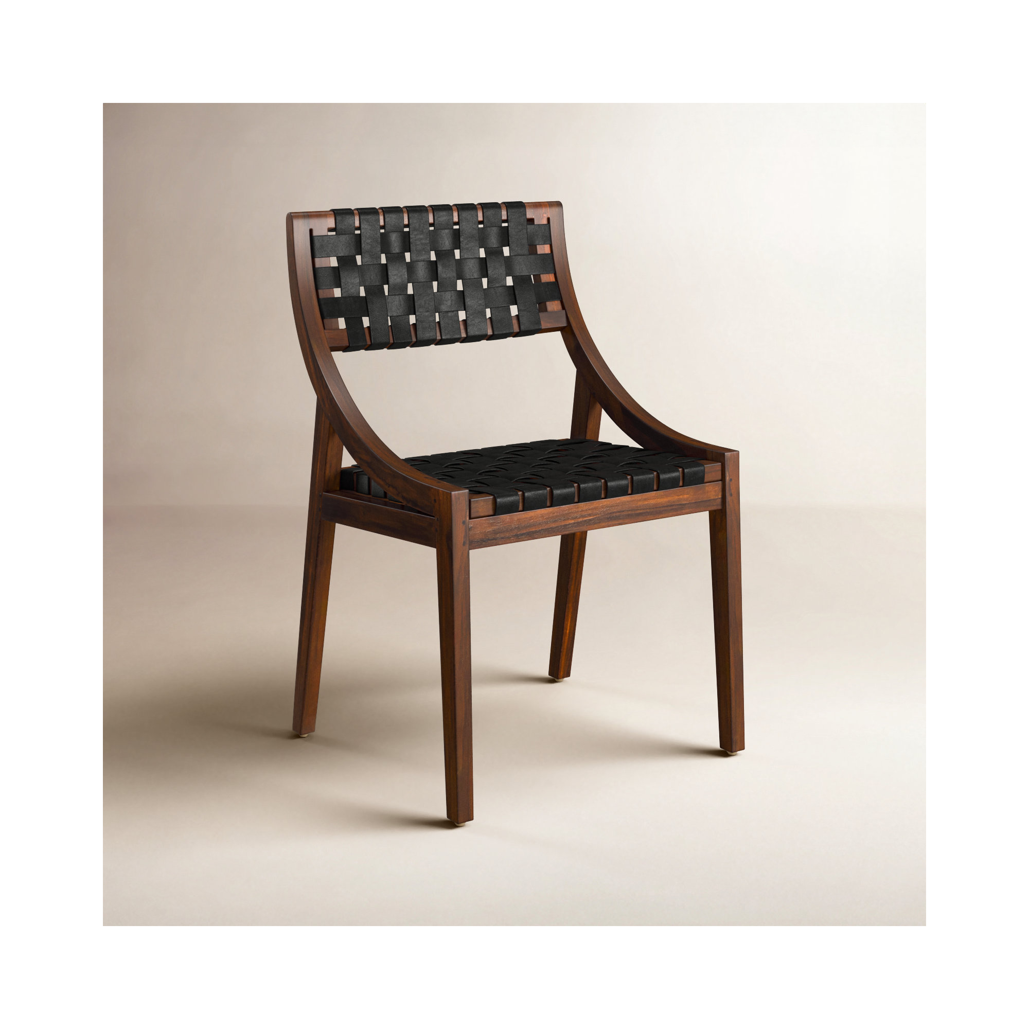 Florian Teak and Woven Full Grain Leather Side Chair, Black, Brown