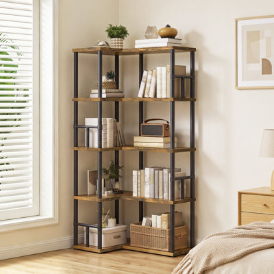 Bibliothèque d'angle à 5 niveaux, bibliothèque en L avec 3 options d'assemblage et rails latéraux verticaux ou en L, pour le salon, le bureau personnel