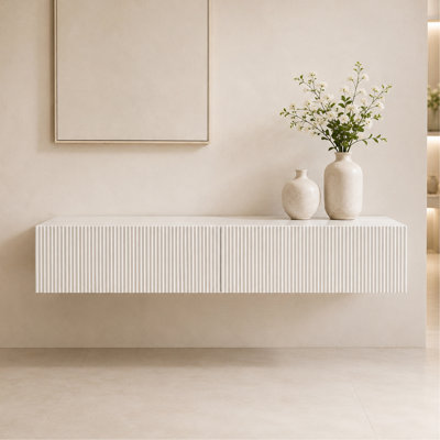 Wall Mounted Fluted Floating Makeup Vanity Cabinet, Cream White Floating Dresser with Storage Drawers, Modern Bedroom Makeup Desk