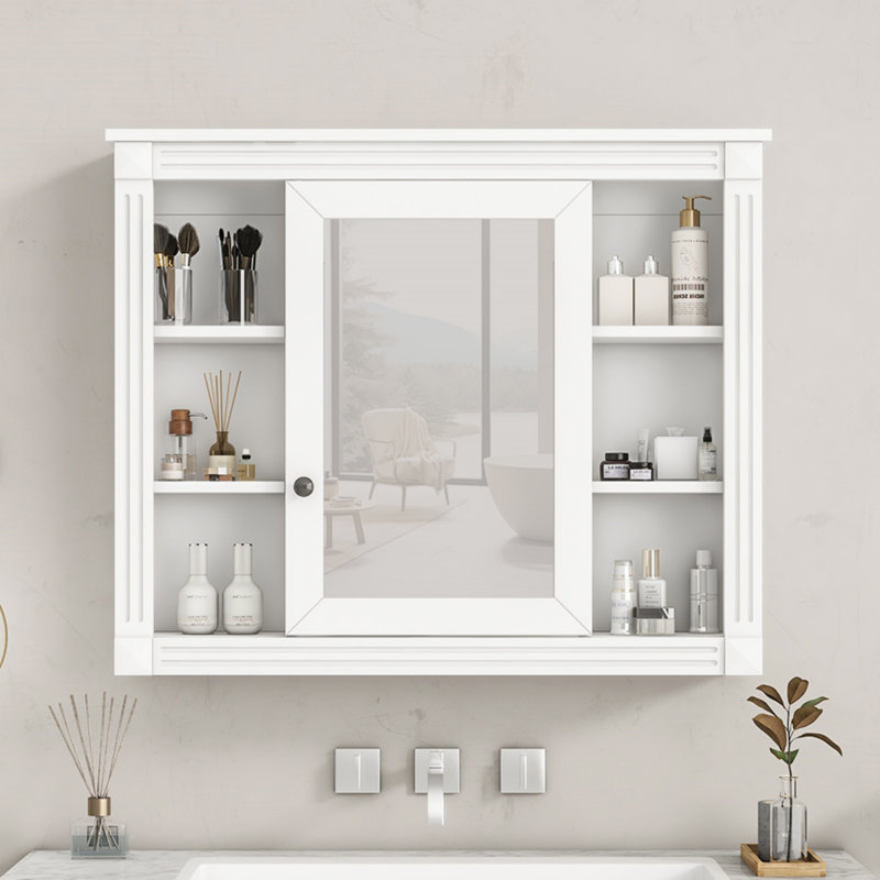 Armoire de rangement murale de salle de bain 35 po x 28 po, armoire à pharmacie, armoire murale moderne avec miroir, armoire à miroir avec 6 tablettes ouvertes (meuble-lavabo non inclus)
