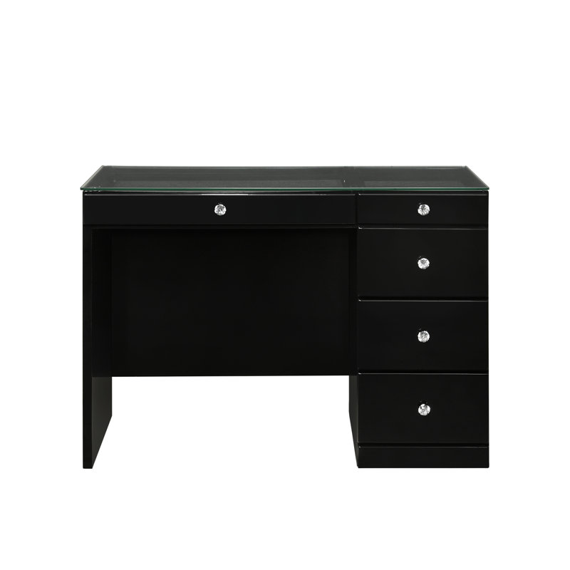 Meuble-lavabo de chambre à coucher noir 3 pièces avec verre trempé de 8 mm, miroir éclairé à DEL et 5 tiroirs avec poignées étincelantes et poignées lumineuses, tabouret pivotant rond