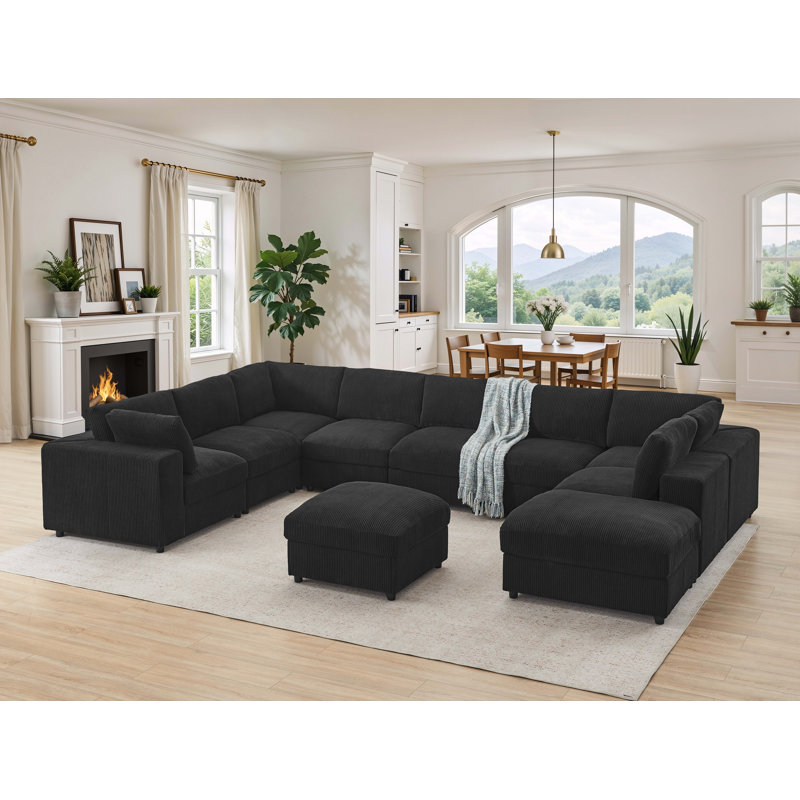Congdikyaington Corduroy Upholstered Modular Sectional, Velours côtelé noir