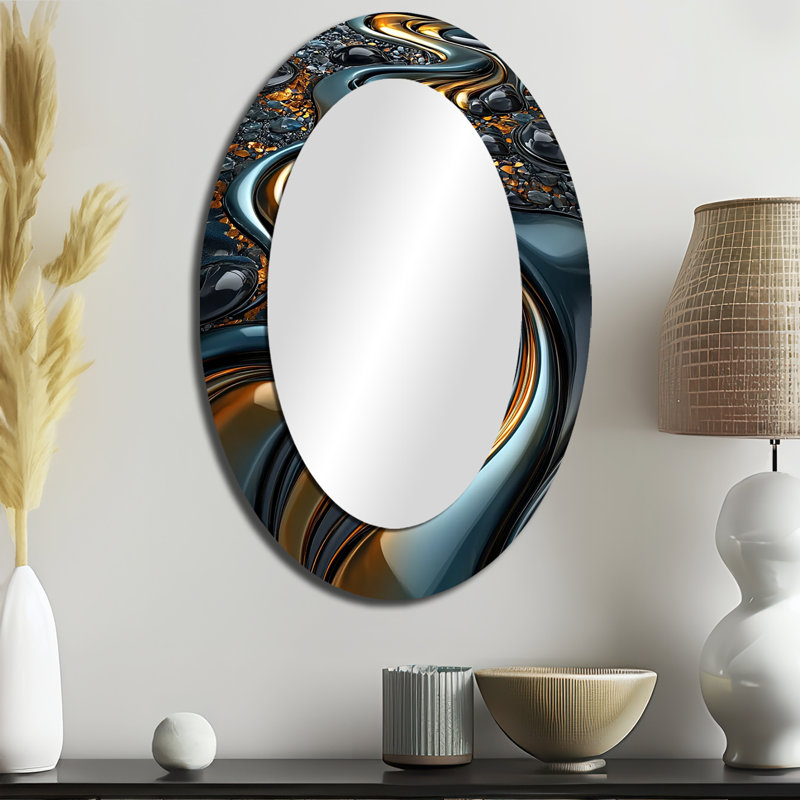 Swirl Abstract In Gold And Black Tones III - Abstract Oval Decorative Mirror On Metal, 36" x 24"