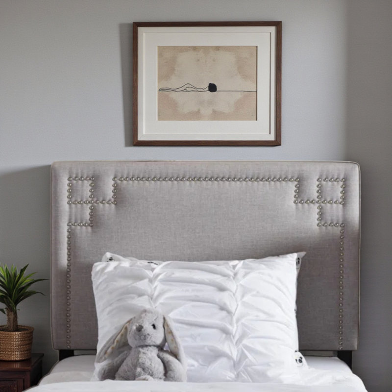 Grayish Beige Twin Rectangular Nail Head Trim Upholstered Headboard, 23.34" H X 38.54" W X 2.06" D, Greyish Beige