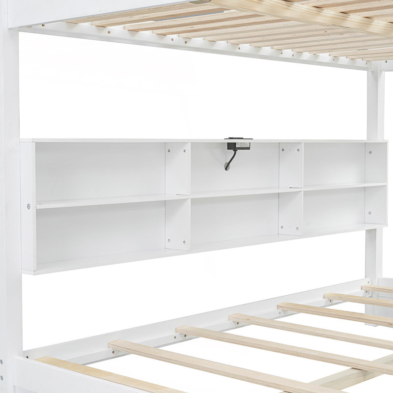Lit superposé grand sur grand avec armoires de rangement, lit superposé avec 2 prises de courant standard et 2 ports USB