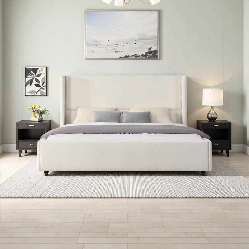 King Upholstered Wingback Platform Bed – Soft-Touch Fabric & Timeless Design