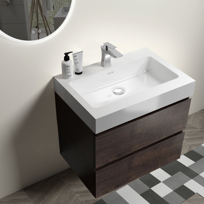 Meuble-lavabo de salle de bain 61 cm (24 po) - Noyer, rangement maximal, lavabo blanc, fonctionnement silencieux et fluide, sans robinetterie, préassemblé, fixation murale, grande ouverture, robinetterie ou bonde, finition