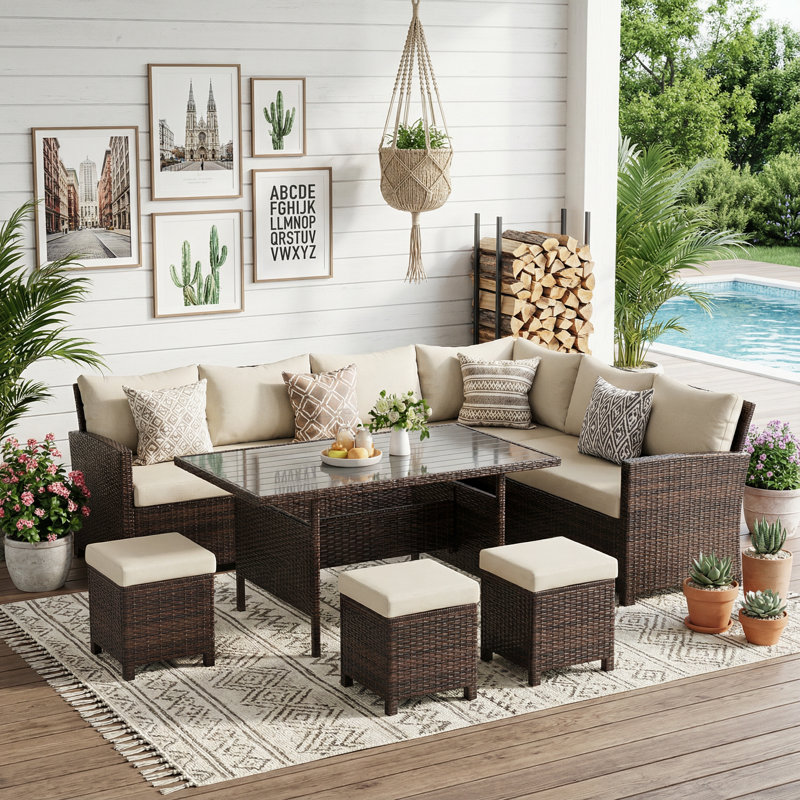 Cueva 7 Piece Rattan Sectional Seating Group with Cushions, Brown Frame/Beige Cushion