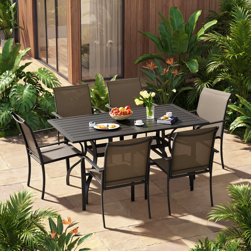 Behrens 6-Person Patio Dining Set with Rectangular Metal Dining Table and Stackable Textilene Armrest Chairs (Black), Brown
