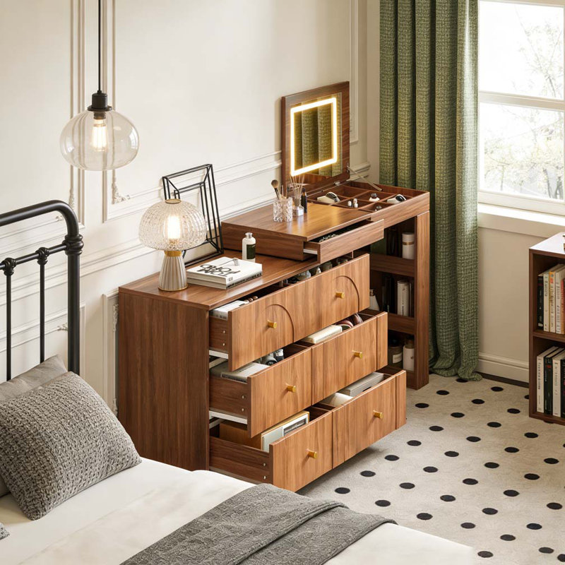 Vanity Desk with Mirror and Lights, Makeup Vanity Table with Flip-Top Tabletop and Storage 7 Drawers, 9 Compartments, 3 Shelves