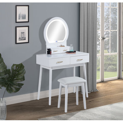 Ensemble de coiffeuse et tabouret 3 pièces avec miroir à DEL intégré et tabouret coussiné assorti avec poignées ornées de meubles en bois blanc