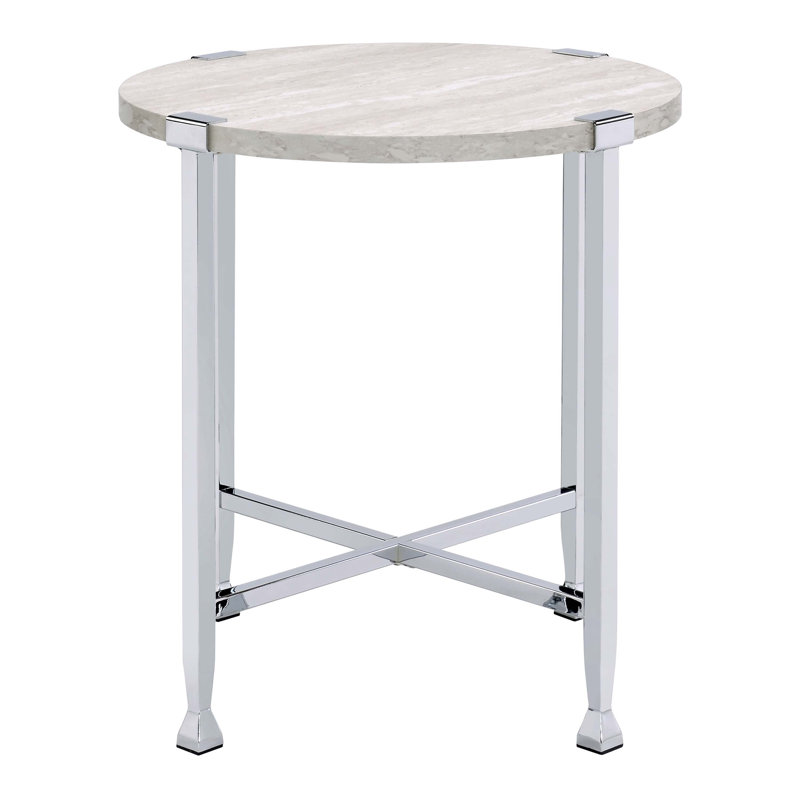 White Oak and Chrome End Table with X Shape Base