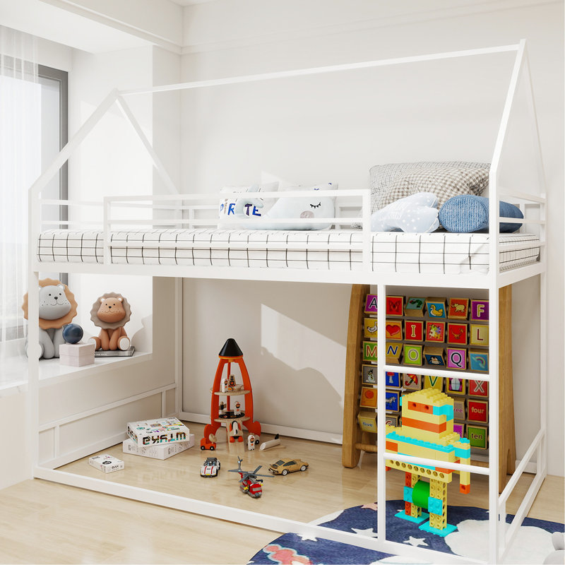 Lit simple superposé en métal blanc, structure en fer robuste, fonctionnement silencieux, garde-corps, pas de sommier tapissier, idéal pour les chambres compactes, profil bas 49,21 po à 3 marches, poids de 13 po et 400 lb par