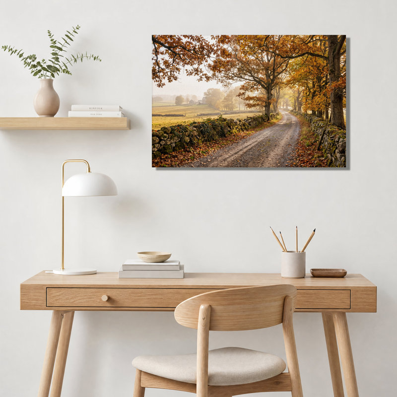 Tableau sur toile représentant une route de campagne d'automne avec des murs en pierre, 28"H x 40"W