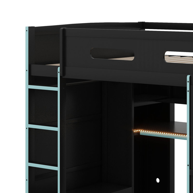 Full Size Wood Loft Bed With Desk,Wardrobe,Ample Storage Space And RGB LED Light, Cloud Blue/Black