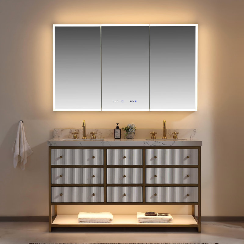 Ensemble de meuble-lavabo autoportant à double cuve 60 "avec éclairage à DEL et comptoir en pierre Celestia, fabrication en chêne massif, 9 tiroirs à fermeture en douceur
