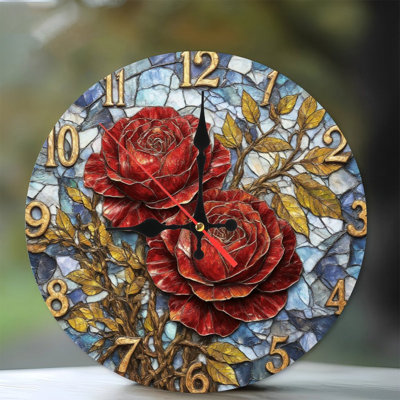 Red Roses Golden Leaves Mosaic Clock