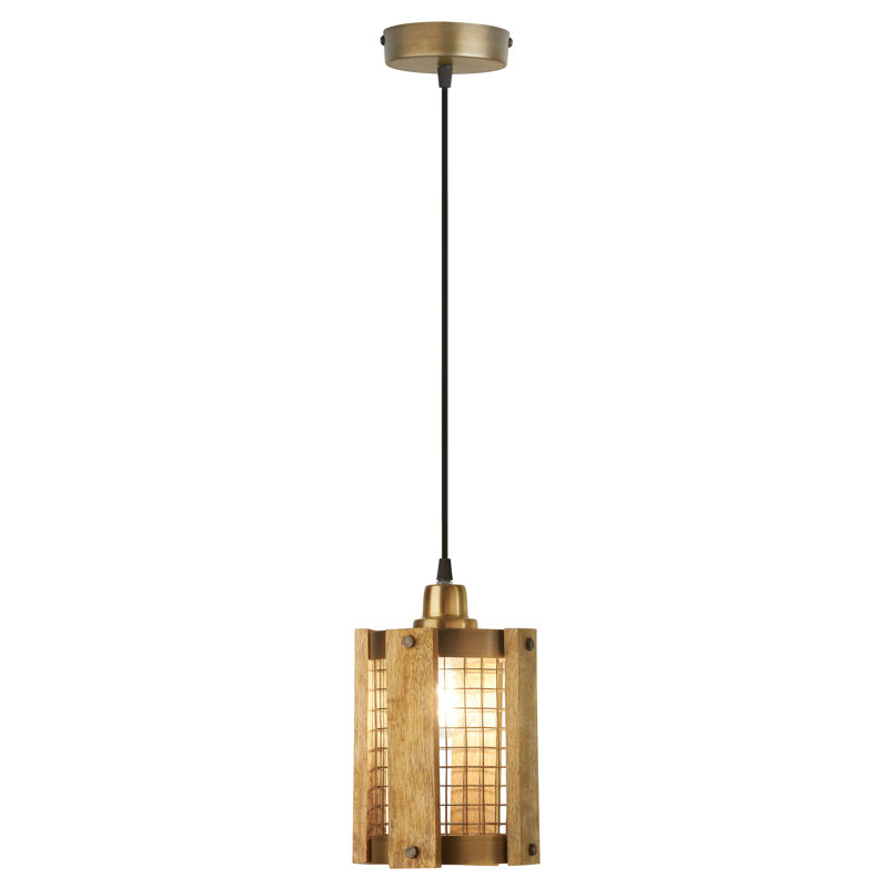 5"W Brushed Gold Metal Pendant Light with Wood Shade