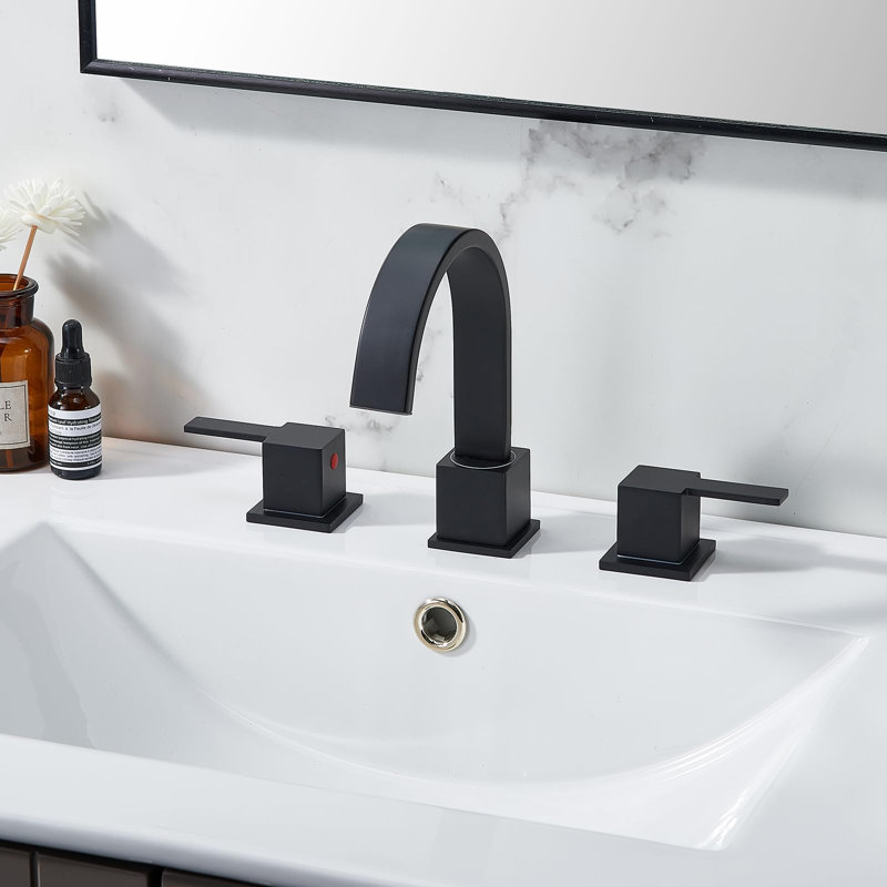 Black Bathroom Faucet 3 Hole, 8 Inch Widespread Matte Black Waterfall Bathroom Sink Faucet, 2 Handle Lavatory Vanity Faucet For Bathroom Sink With Pop Up Drain & Supply Hoses
