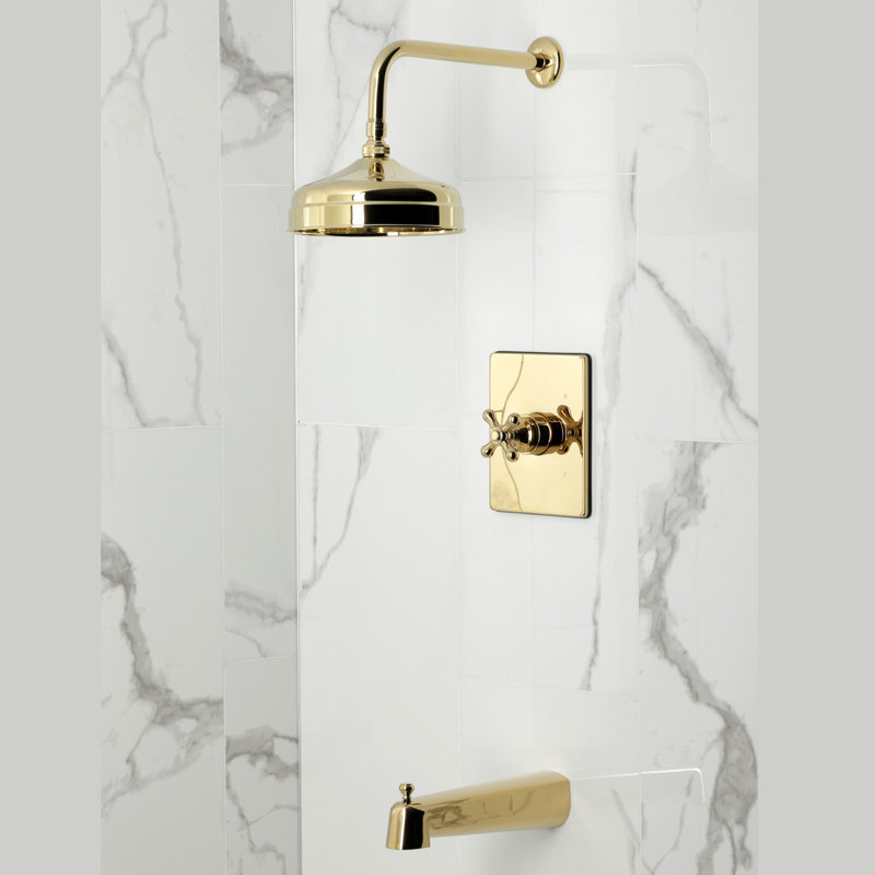 Robinet de baignoire et de douche à pression équilibrée à poignée simple Kingston Brass, Laiton poli, Poignées croix