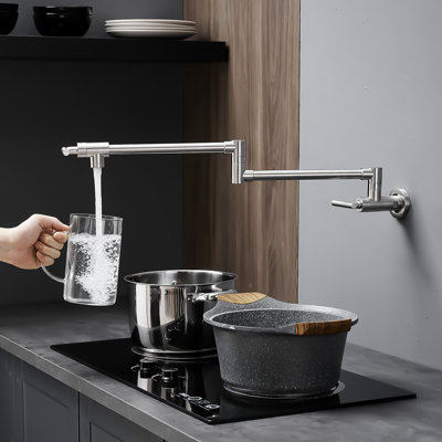 304 Ss Material Pot Filler Faucet, Wall Mount Style Brushed Nickel Faucet For Kitchen, Ss, Mount, Double Joint Swing