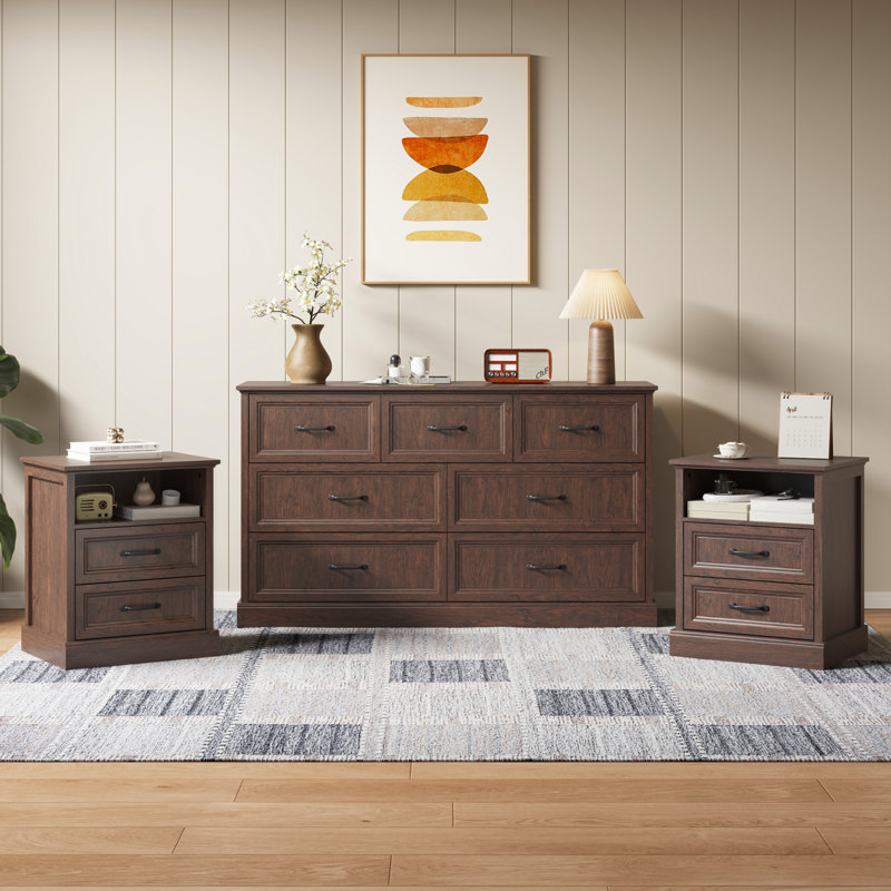 Ensemble de chambre à coucher de ferme 3 pièces, commode 7 tiroirs et tables de chevet 2 tiroirs avec armoire de rangement