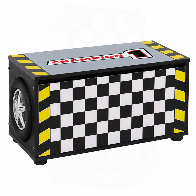 Coffre de rangement pour voiture de course pour enfants avec couvercle rabattable manuel, support de vérin à gaz, roues latérales décoratives