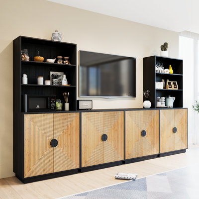 Garde-manger 71 po avec bibliothèques et meuble télé de style campagne pour téléviseur de 75 po ou moins