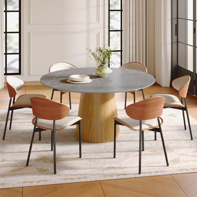 5/7 Pcs Natural Wood Round Dining Table Set for 4-6, Sintered Stone Dining Table with Solid Wood Barrel Pedestal & Upholstered Leather Chairs, Modern Farmhouse Kitchen Dining Room Set