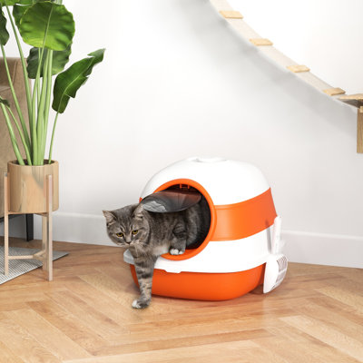 Litière pour chat avec couvercle, pliable et compacte, grande entrée, facile à nettoyer, côtés hauts, orange noir, minimise les éclaboussures d'odeur désagréable, design, deux